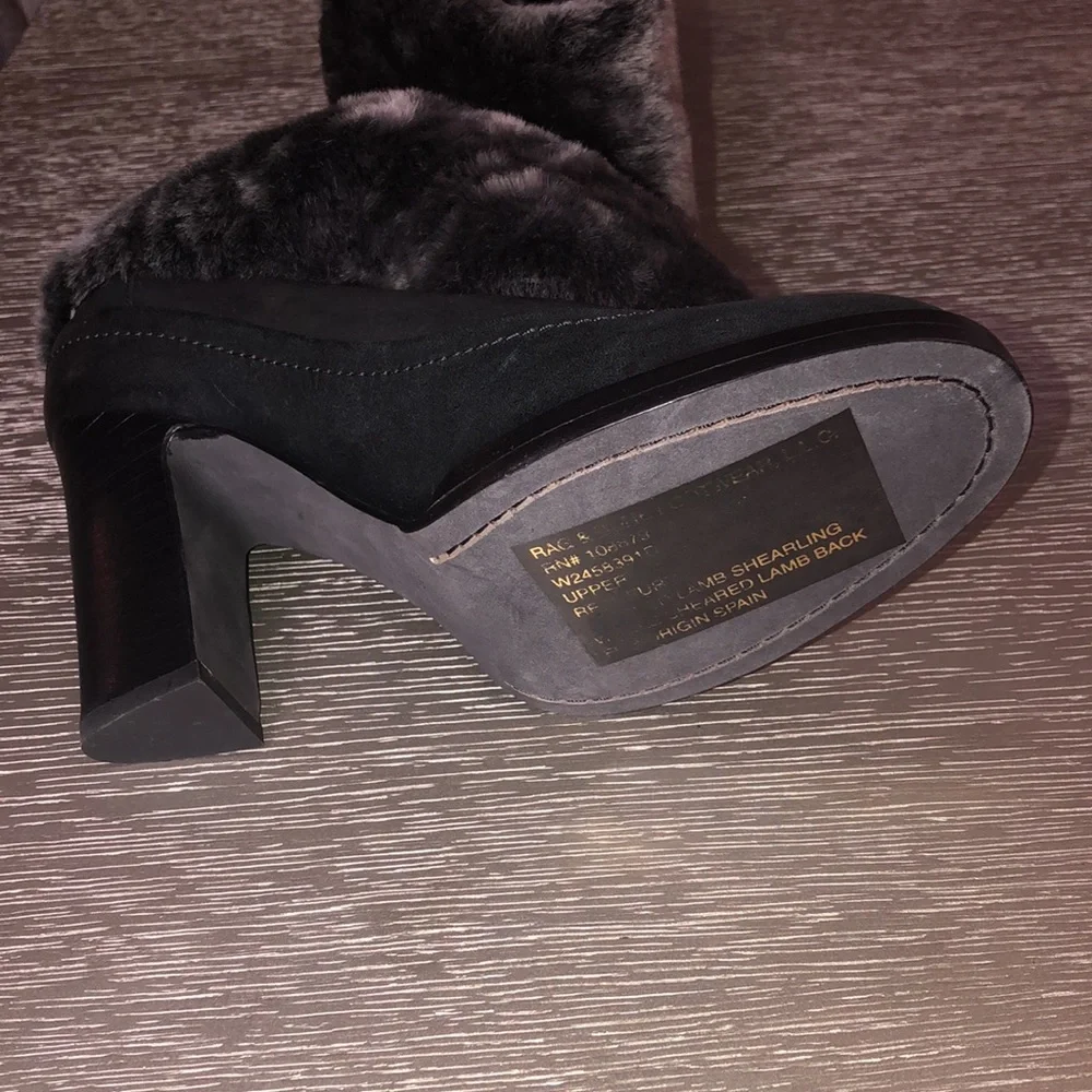 rag & bone Black Leather Mules with Gray Fur Cuff
